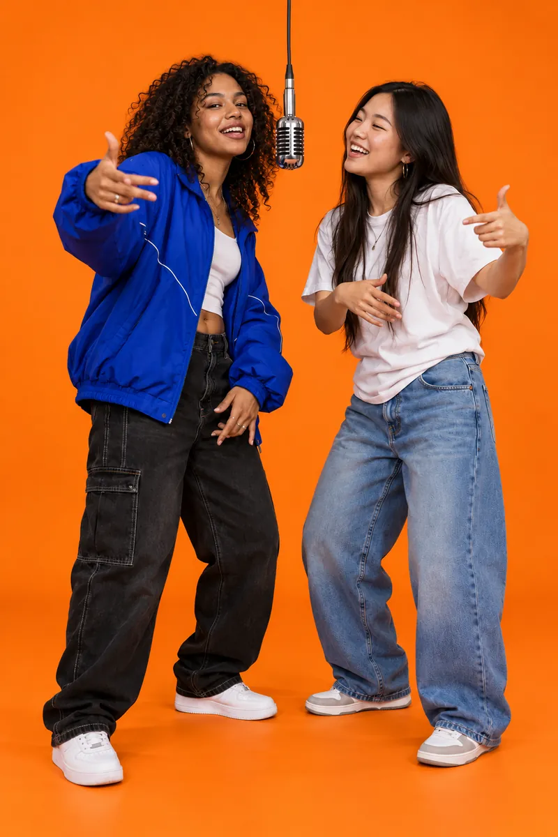 Two adult female friends performing together at a hanging microphone in an orange studio.