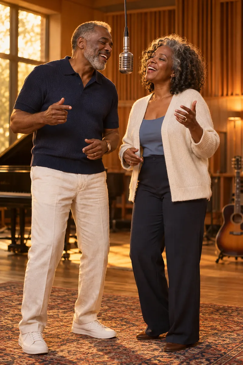 A couple in their fifties smiling at each other while performing together in a golden-lit recording studio.
