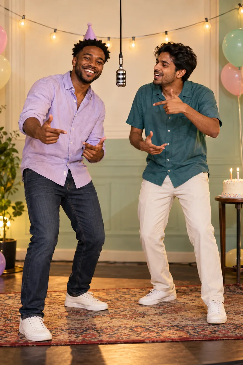 Two male friends celebrating a birthday at a hanging microphone, with a paper party hat, cake and string lights.