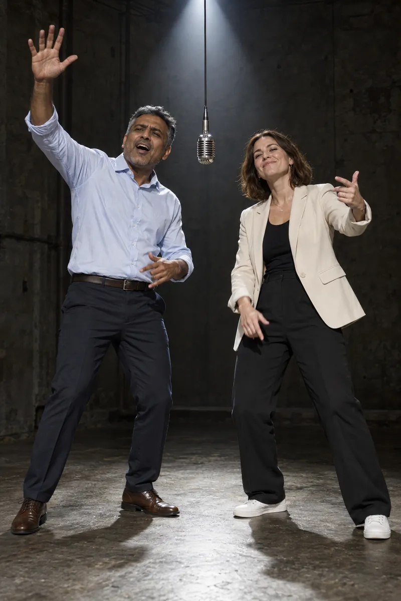 Two adult coworkers in a rolled-sleeve shirt and blazer celebrating at a hanging microphone in a concrete battle venue.